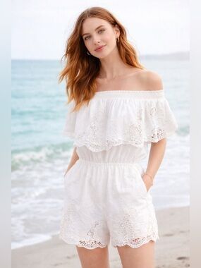 Abercrombie & Fitch White Eyelet Romper | Off Shoulder Lace Boho